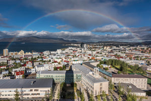 A perfect rainbow over Reykjavik Iceland
