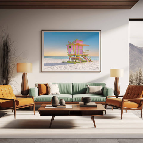 46th St Miami Beach Lifeguard Tower. Framed acrylic photo and unframed photo for sale with free shipping in the USA