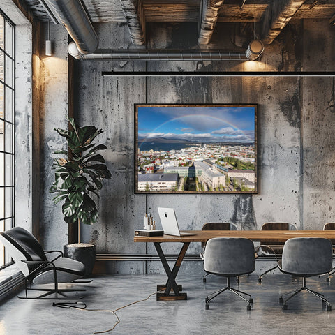 A vivid, full rainbow arching over the colorful red and blue rooftops of Reykjavik, Iceland, under a dramatic Arctic sky.