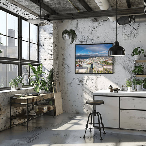 A vivid, full rainbow arching over the colorful red and blue rooftops of Reykjavik, Iceland, under a dramatic Arctic sky.