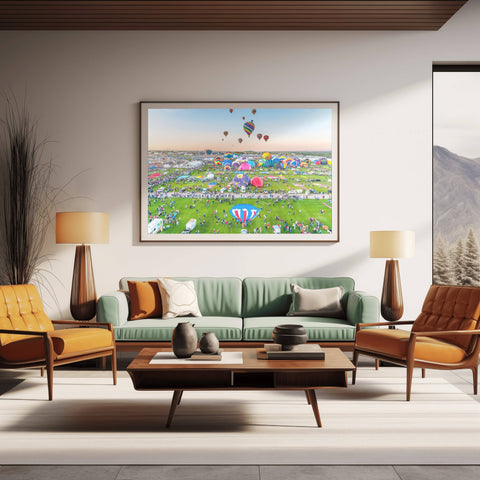 A wide-angle sunrise shot of the Albuquerque International Balloon Fiesta, featuring hundreds of colorful hot air balloons lifting off into a golden New Mexico sky.