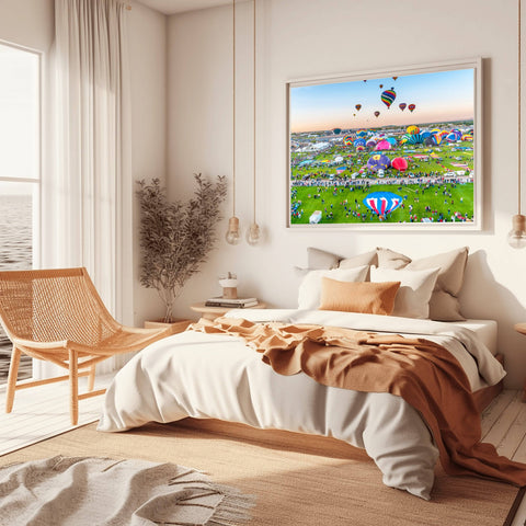 A wide-angle sunrise shot of the Albuquerque International Balloon Fiesta, featuring hundreds of colorful hot air balloons lifting off into a golden New Mexico sky.