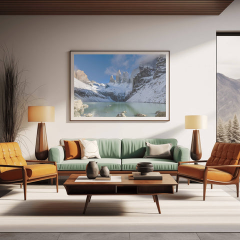 The towering, snow-capped granite peaks of the Torres Del Paine mountain range in Chile, rising dramatically above a serene glacial landscape under a clear sky.
