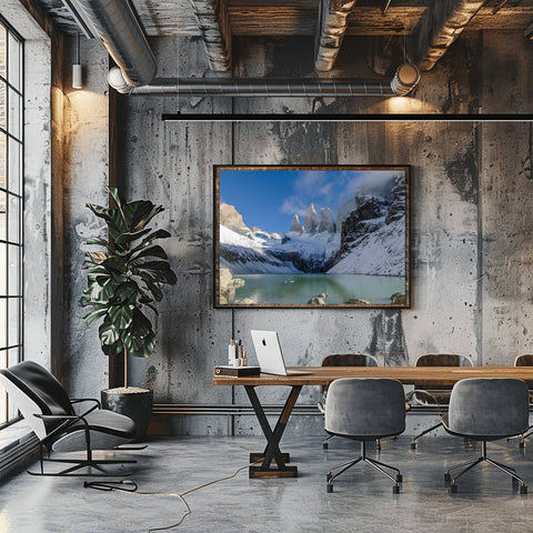 The towering, snow-capped granite peaks of the Torres Del Paine mountain range in Chile, rising dramatically above a serene glacial landscape under a clear sky.