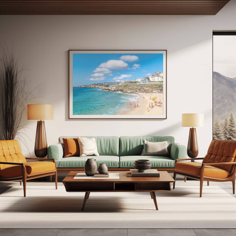 Bronte Beach in Sydney, Australia, with massive white clouds over the turquoise ocean and a rocky coastline.