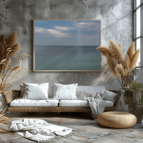 A minimalist horizontal view of the Mediterranean Sea horizon in Cannes, France, with pale blue water and a clear sky.