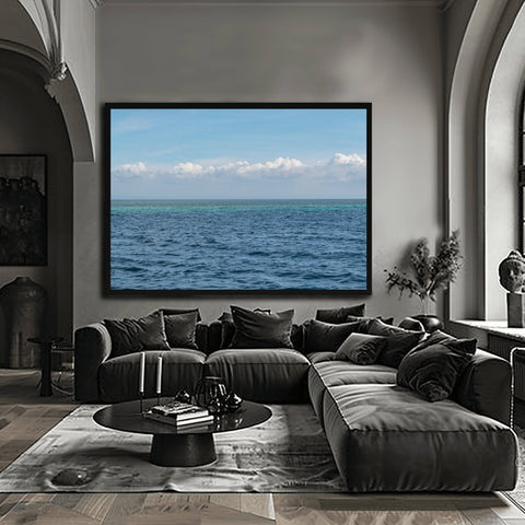 A minimalist tropical horizon in Cebu, Philippines, featuring vibrant turquoise water and a bright blue sky.