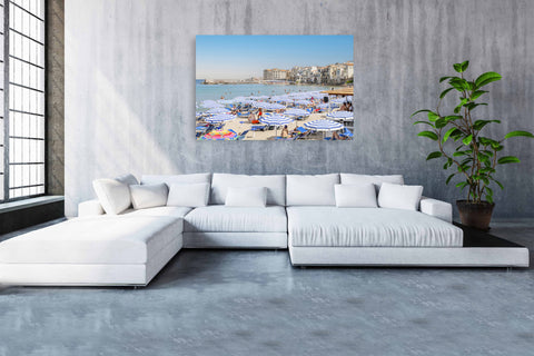 Cefalu Beach Umbrellas, Sicily, Italy. Framed photograph in acrylic, unframed photo for sale. Free shipping in the USA