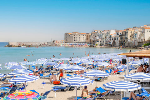 Cefalu Beach Umbrellas, Sicily, Italy. Framed photograph in acrylic, unframed photo for sale. Free shipping in the USA.