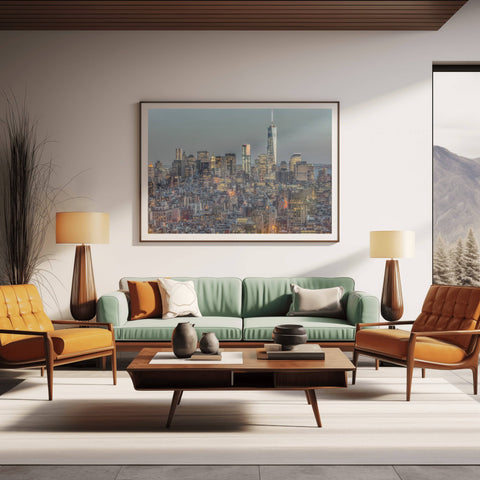 A dusk photograph of the Downtown Manhattan skyline with city lights shining on a clear blue sky.