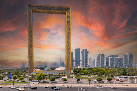 The Dubai UAE skyline looking through the Dubai Frame