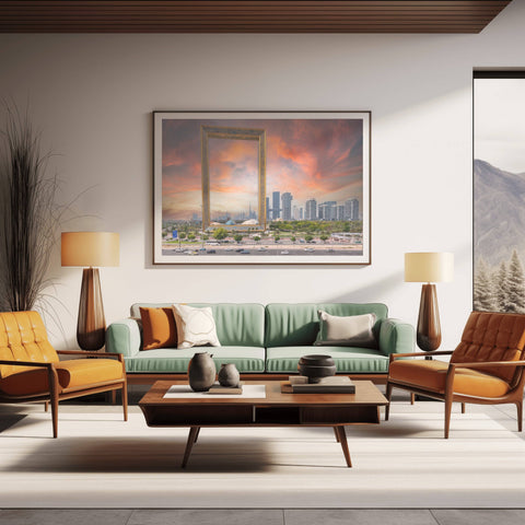Looking through the massive gold-leaf structure of the Dubai Frame toward the Burj Khalifa and the shimmering skyscrapers of the modern Dubai skyline.