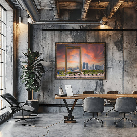 Looking through the massive gold-leaf structure of the Dubai Frame toward the Burj Khalifa and the shimmering skyscrapers of the modern Dubai skyline.