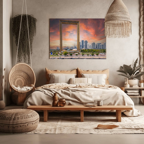 Looking through the massive gold-leaf structure of the Dubai Frame toward the Burj Khalifa and the shimmering skyscrapers of the modern Dubai skyline.