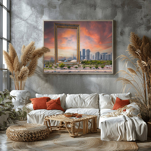 Looking through the massive gold-leaf structure of the Dubai Frame toward the Burj Khalifa and the shimmering skyscrapers of the modern Dubai skyline.