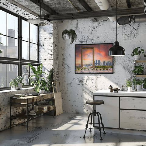 Looking through the massive gold-leaf structure of the Dubai Frame toward the Burj Khalifa and the shimmering skyscrapers of the modern Dubai skyline.