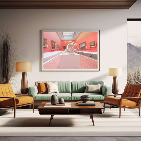 Interior photography of a gallery room in the National Gallery of Ireland, featuring red walls, a white marble statue, and framed paintings.
