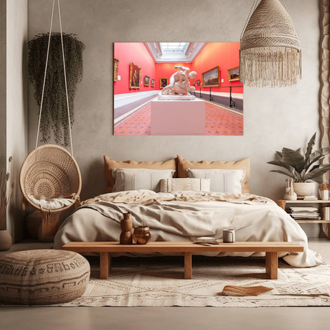 Interior photography of a gallery room in the National Gallery of Ireland, featuring red walls, a white marble statue, and framed paintings.