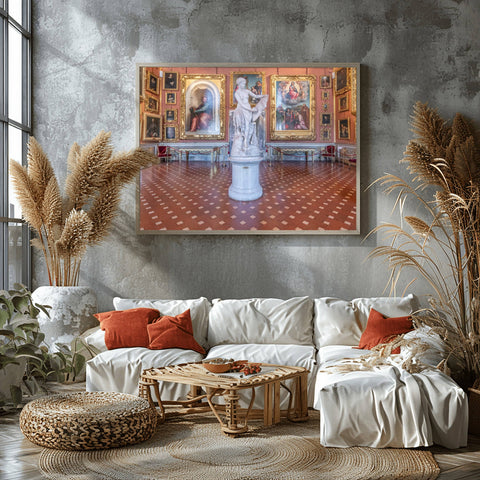 A detailed interior photograph of a marble female statue surrounded by classical paintings in the Accademia Museum, Florence.