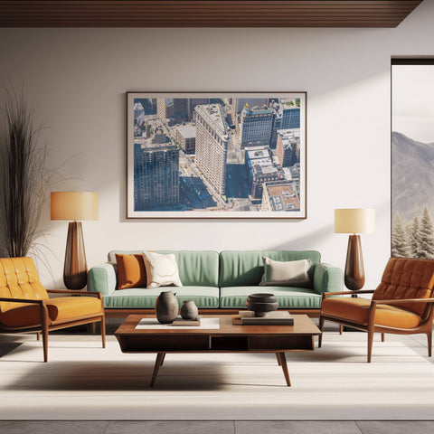 An aerial helicopter photograph looking down at the triangular roof of the Flatiron Building at the intersection of 5th Ave and Broadway.