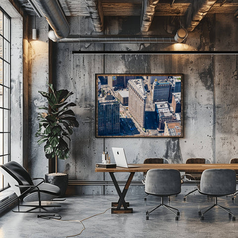 An aerial helicopter photograph looking down at the triangular roof of the Flatiron Building at the intersection of 5th Ave and Broadway.