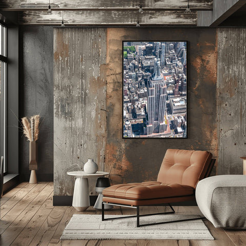 A high-altitude helicopter photograph looking directly down at the spire and setbacks of the Empire State Building.
