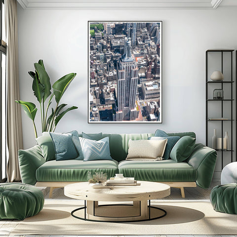 A high-altitude helicopter photograph looking directly down at the spire and setbacks of the Empire State Building.