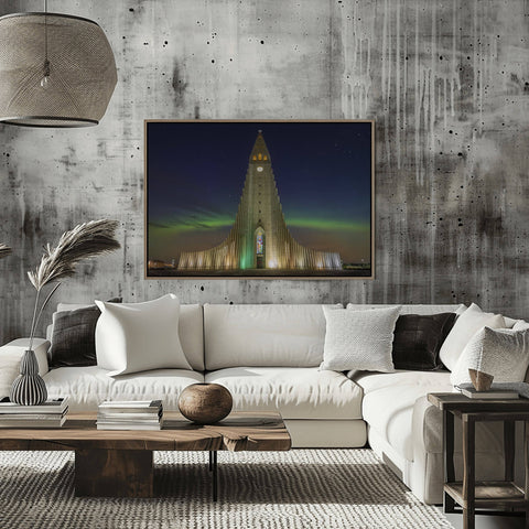 Richard Silver fine art photography of the Northern Lights Aurora Borealis over Hallgrimskirkja Church in Reykjavik, Iceland.