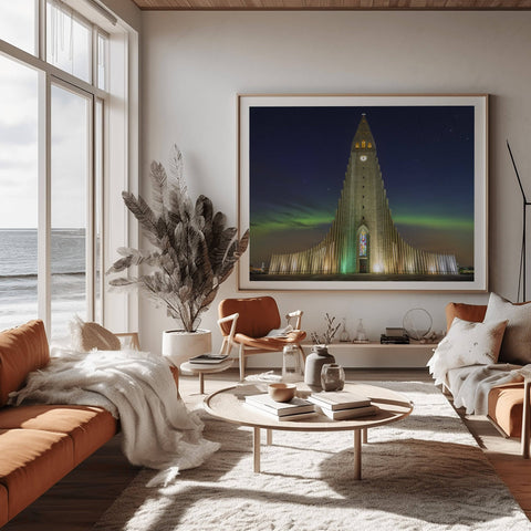 Richard Silver fine art photography of the Northern Lights Aurora Borealis over Hallgrimskirkja Church in Reykjavik, Iceland.