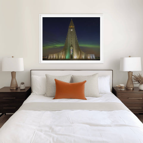 Richard Silver fine art photography of the Northern Lights Aurora Borealis over Hallgrimskirkja Church in Reykjavik, Iceland.