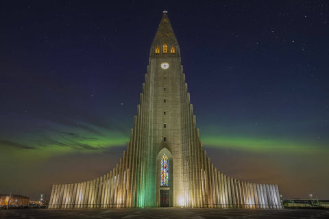 Hallgrimskirkja Church under the Northern Lights, Iceland