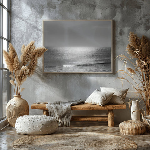 A minimalist horizon in Hikkaduwa, Sri Lanka, showing the Indian Ocean with a soft sunset glow on the horizon line.