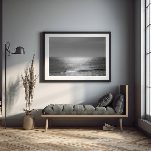 A minimalist horizon in Hikkaduwa, Sri Lanka, showing the Indian Ocean with a soft sunset glow on the horizon line.