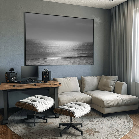 A minimalist horizon in Hikkaduwa, Sri Lanka, showing the Indian Ocean with a soft sunset glow on the horizon line.