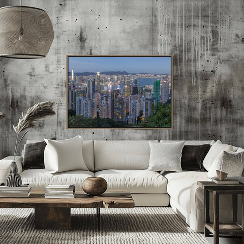 Richard Silver fine art architectural photography of the Hong Kong skyline and Victoria Harbour at sunset from the top of Victoria Peak.