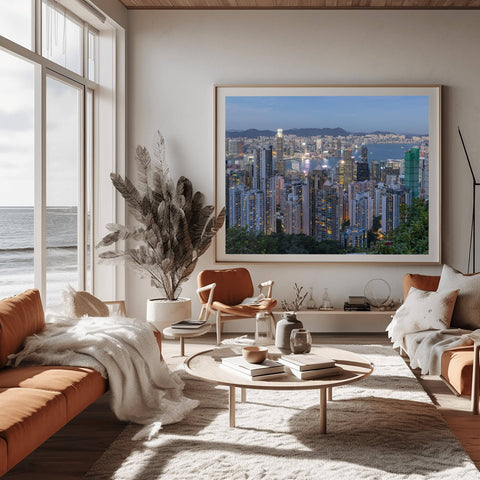 Richard Silver fine art architectural photography of the Hong Kong skyline and Victoria Harbour at sunset from the top of Victoria Peak.