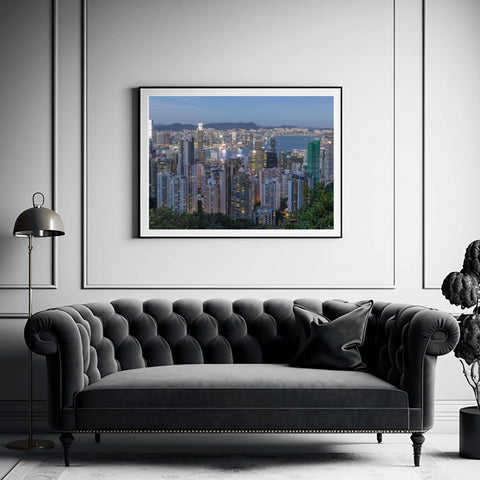 Richard Silver fine art architectural photography of the Hong Kong skyline and Victoria Harbour at sunset from the top of Victoria Peak.