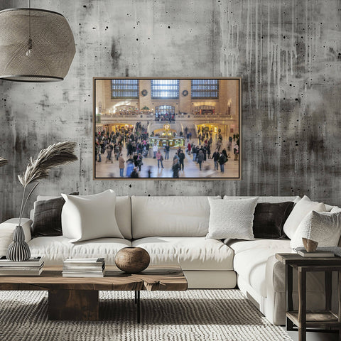High-angle photograph of the Main Concourse in Grand Central Terminal, featuring the opal-faced gold clock and blurred commuters in motion by Richard Silver.