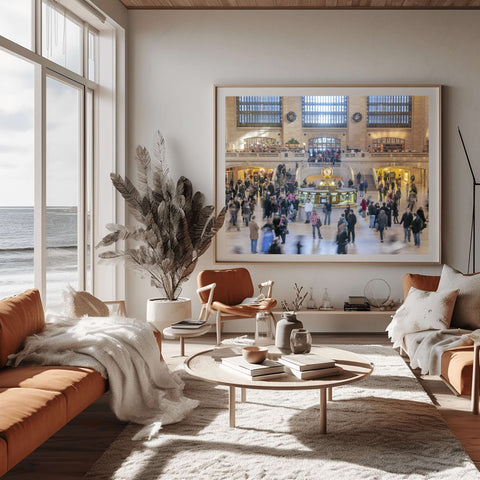 High-angle photograph of the Main Concourse in Grand Central Terminal, featuring the opal-faced gold clock and blurred commuters in motion by Richard Silver.