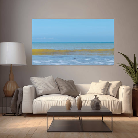 A vibrant minimalist horizon of Isla de La Plata, Ecuador, featuring bright turquoise Pacific water and a clear blue sky.