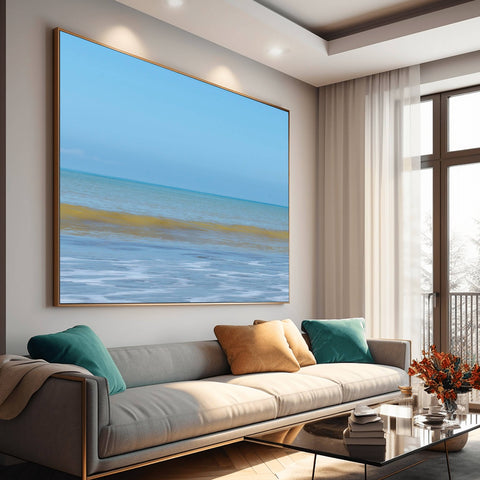 A vibrant minimalist horizon of Isla de La Plata, Ecuador, featuring bright turquoise Pacific water and a clear blue sky.