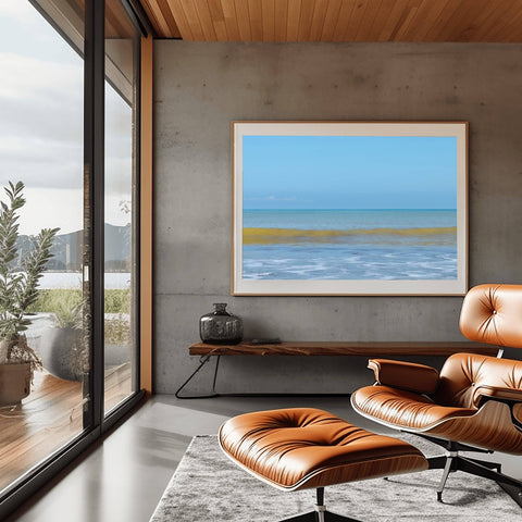 A vibrant minimalist horizon of Isla de La Plata, Ecuador, featuring bright turquoise Pacific water and a clear blue sky.