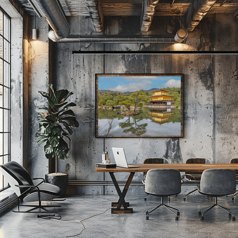 The top two floors of the Kinkaku-ji temple covered in gold leaf, reflecting perfectly in the Mirror Pond (Kyoko-chi) surrounded by traditional Japanese pines.