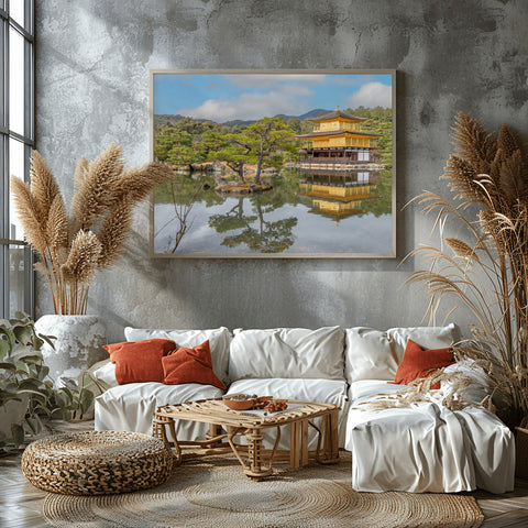 The top two floors of the Kinkaku-ji temple covered in gold leaf, reflecting perfectly in the Mirror Pond (Kyoko-chi) surrounded by traditional Japanese pines.