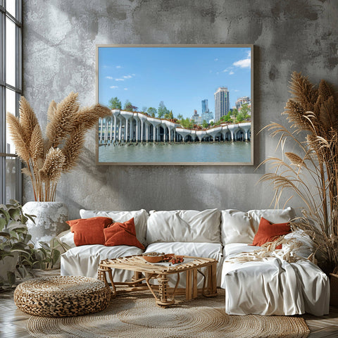 A photograph of Little Island Park on the Hudson River, featuring its unique concrete pod design and lush landscaping.