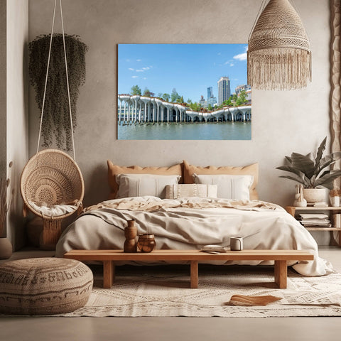 A photograph of Little Island Park on the Hudson River, featuring its unique concrete pod design and lush landscaping.