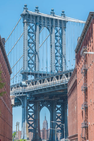 The Empire State Building, Manhattan Bridge in Brooklyn. Framed acrylic photo, unframed photo for sale, free shipping in USA.