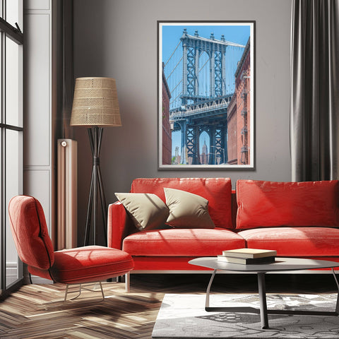 The iconic view of the blue Manhattan Bridge framed by historic brick buildings on Washington Street in Dumbo, Brooklyn.