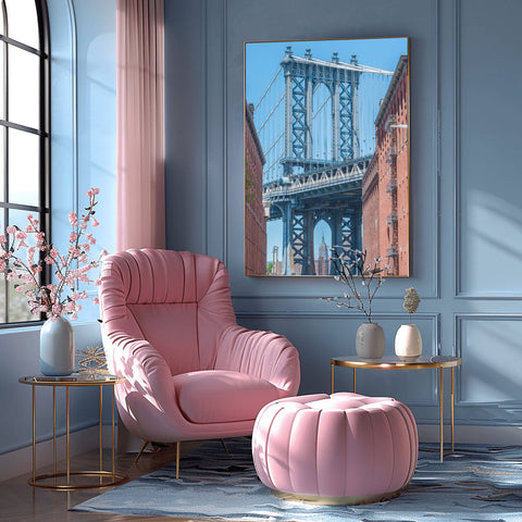 The iconic view of the blue Manhattan Bridge framed by historic brick buildings on Washington Street in Dumbo, Brooklyn.