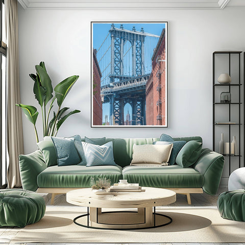 The iconic view of the blue Manhattan Bridge framed by historic brick buildings on Washington Street in Dumbo, Brooklyn.